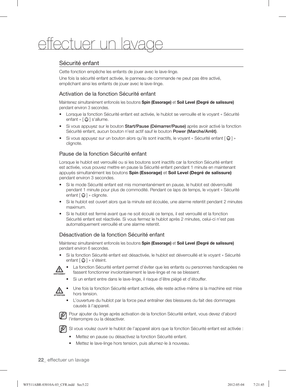 Eff ectuer un lavage, Sécurité enfant | Samsung WF511ABR-XAA User Manual | Page 110 / 132