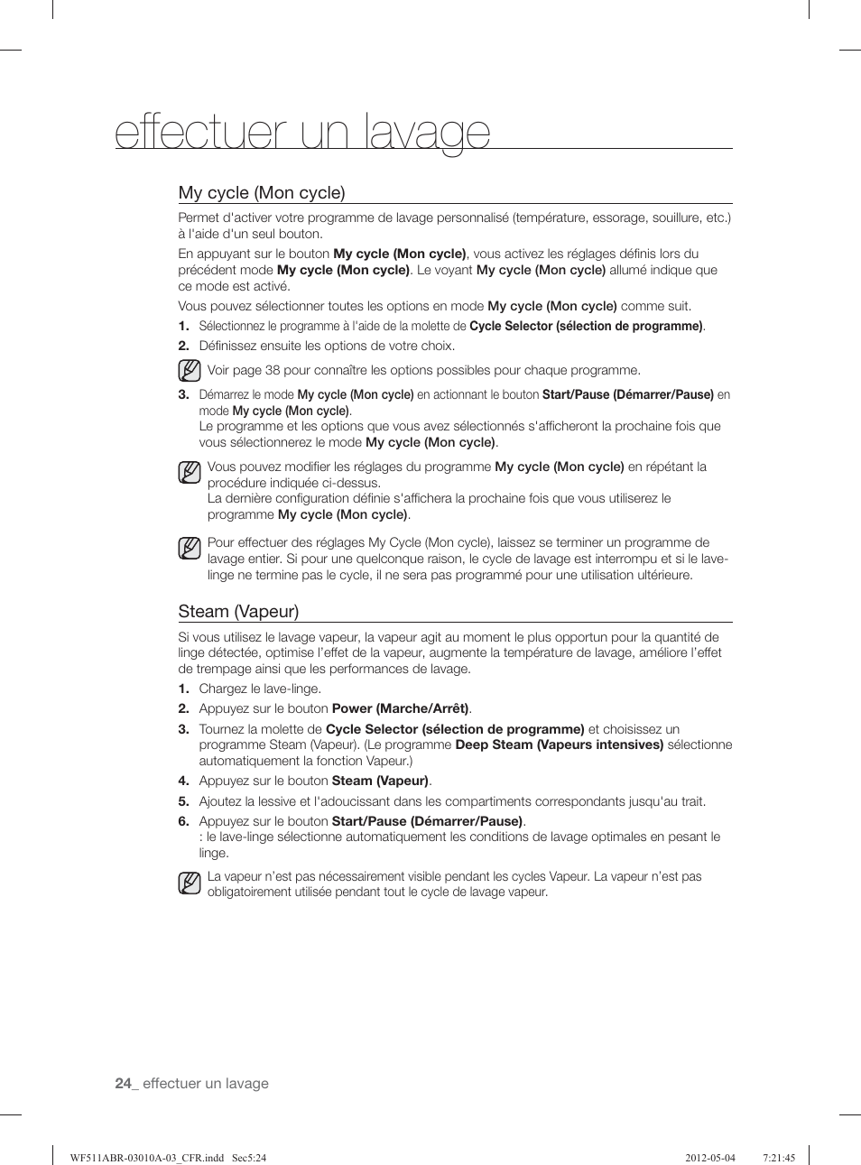 Eff ectuer un lavage, My cycle (mon cycle), Steam (vapeur) | Samsung WF511ABR-XAA User Manual | Page 112 / 132