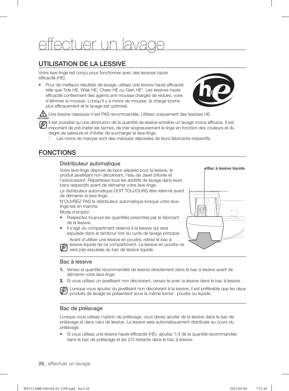 Eff ectuer un lavage, Utilisation de la lessive, Fonctions | Samsung WF511ABR-XAA User Manual | Page 114 / 132