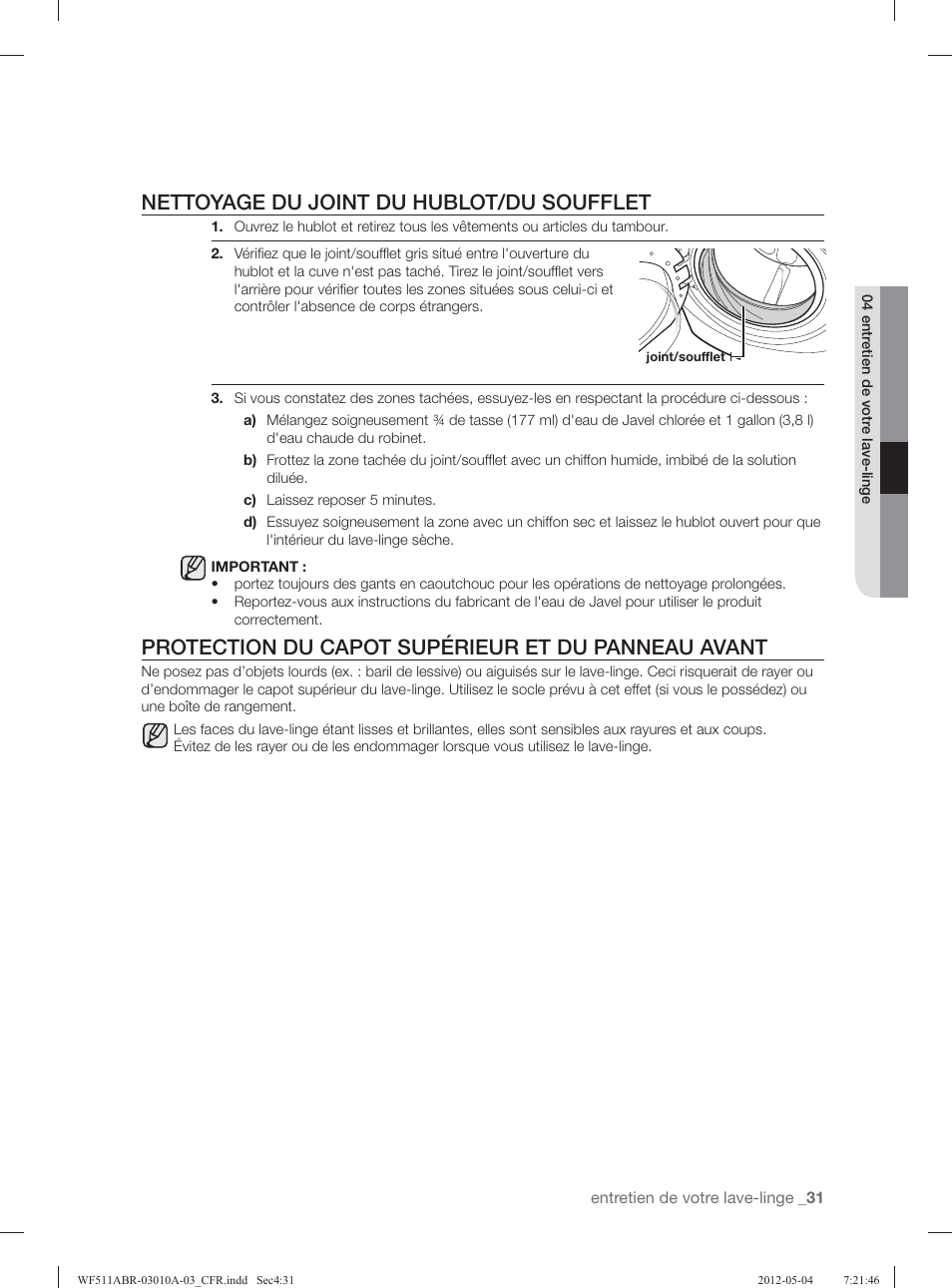 Nettoyage du joint du hublot/du soufflet, Protection du capot supérieur et du panneau avant | Samsung WF511ABR-XAA User Manual | Page 119 / 132