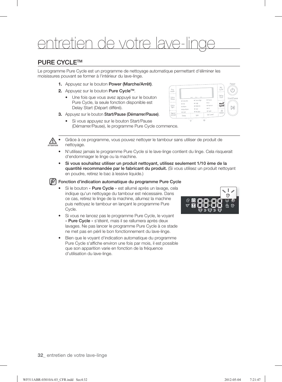 Entretien de votre lave-linge, Pure cycle | Samsung WF511ABR-XAA User Manual | Page 120 / 132