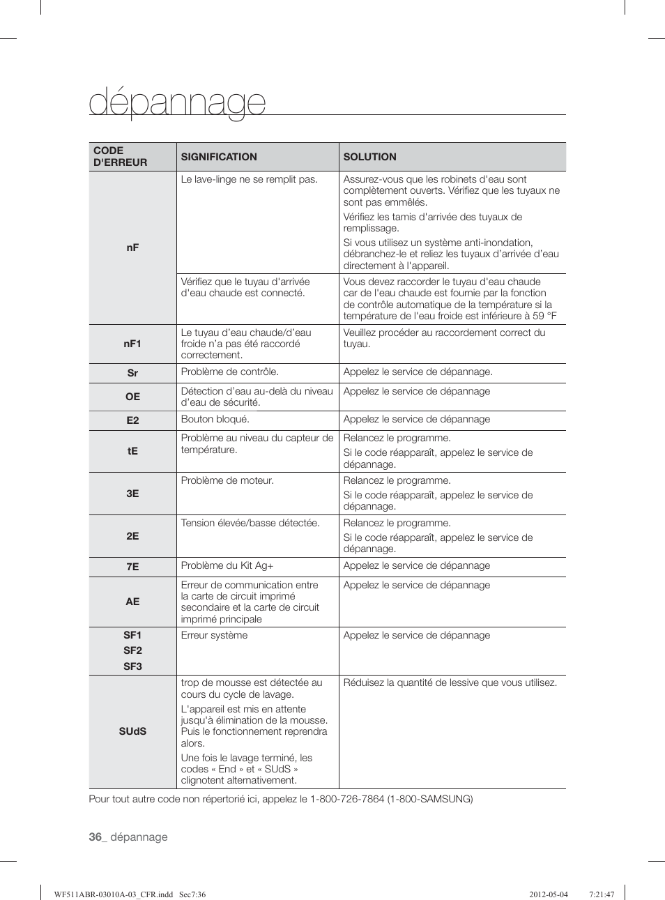 Dépannage | Samsung WF511ABR-XAA User Manual | Page 124 / 132