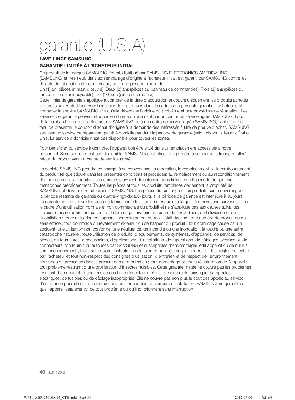 Garantie (u.s.a) | Samsung WF511ABR-XAA User Manual | Page 128 / 132