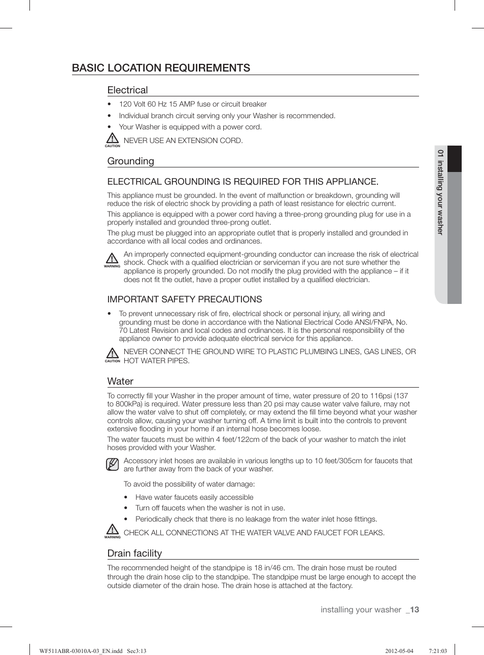 Basic location requirements, Electrical, Grounding | Water, Drain facility | Samsung WF511ABR-XAA User Manual | Page 13 / 132