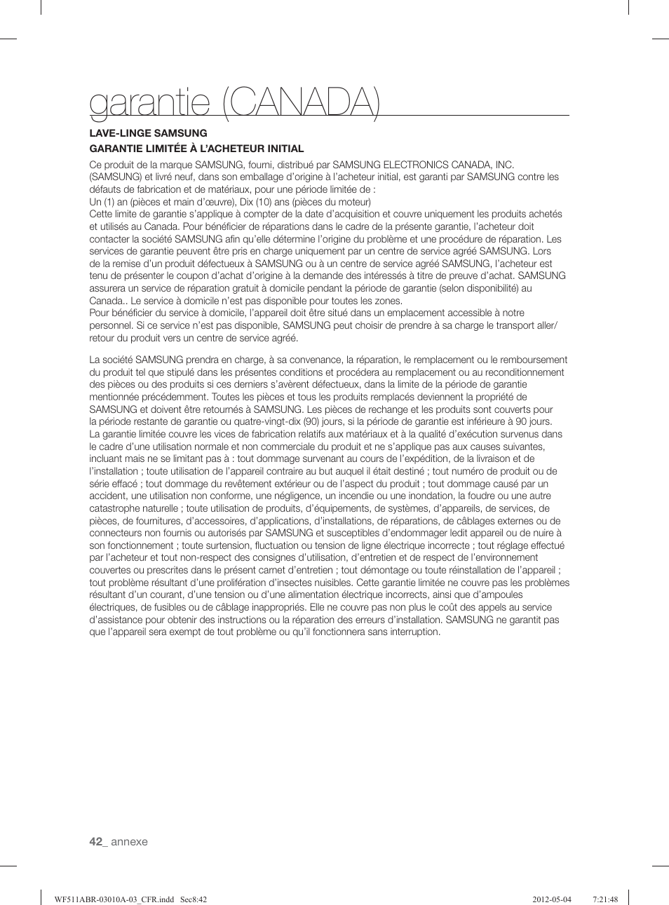 Garantie (canada) | Samsung WF511ABR-XAA User Manual | Page 130 / 132