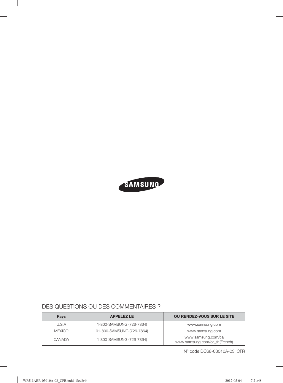 Des questions ou des commentaires | Samsung WF511ABR-XAA User Manual | Page 132 / 132