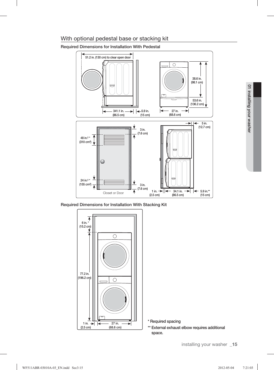 With optional pedestal base or stacking kit, Installing your washer | Samsung WF511ABR-XAA User Manual | Page 15 / 132