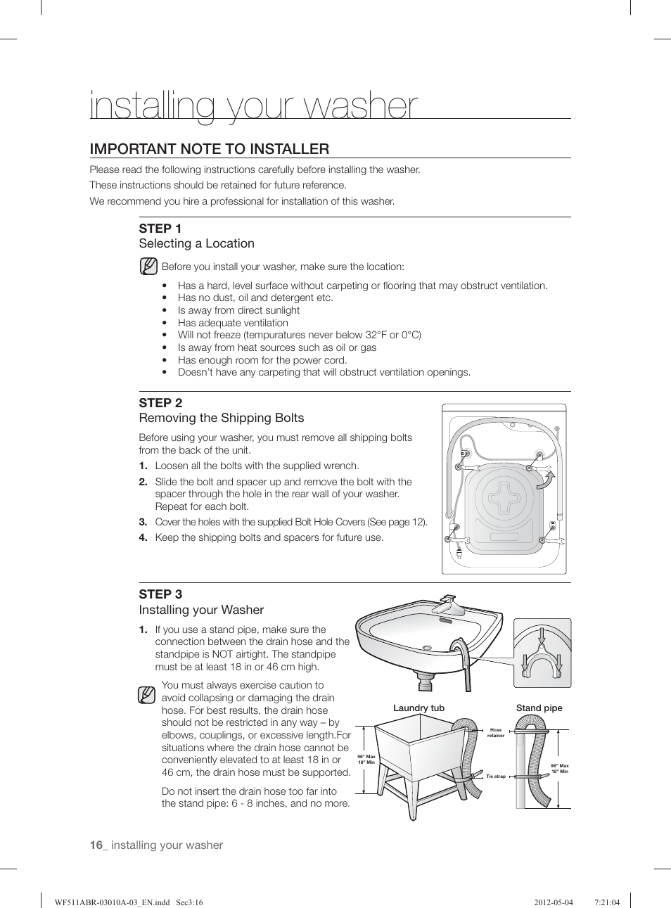 Installing your washer | Samsung WF511ABR-XAA User Manual | Page 16 / 132