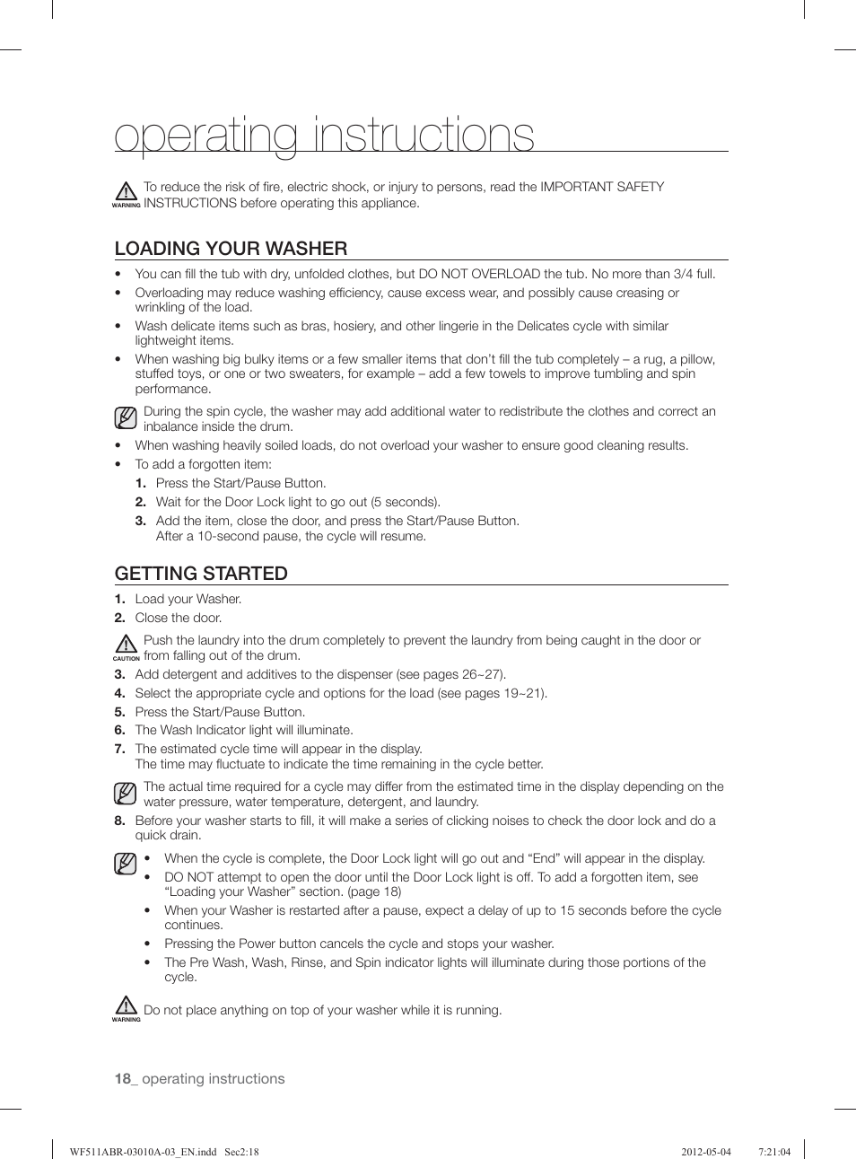 Operating instructions, Loading your washer, Getting started | Samsung WF511ABR-XAA User Manual | Page 18 / 132