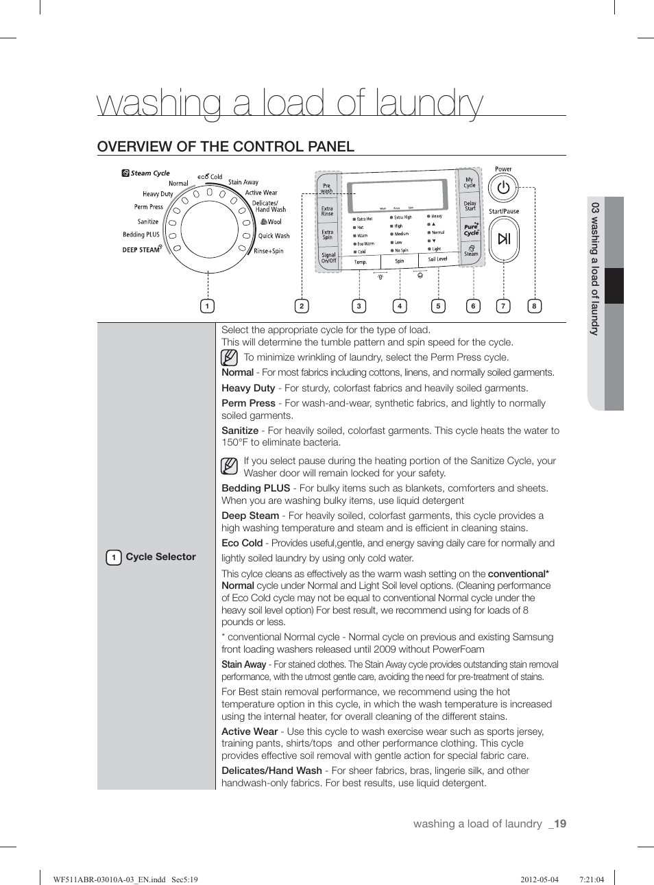 Washing a load of laundry, Overview of the control panel | Samsung WF511ABR-XAA User Manual | Page 19 / 132