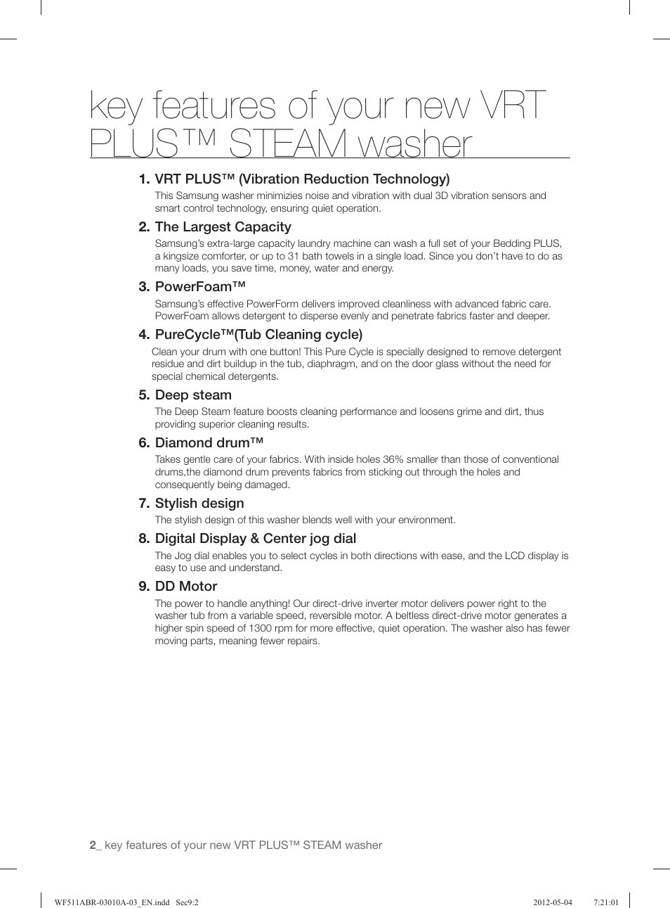 Key features of your new vrt plus™ steam washer | Samsung WF511ABR-XAA User Manual | Page 2 / 132