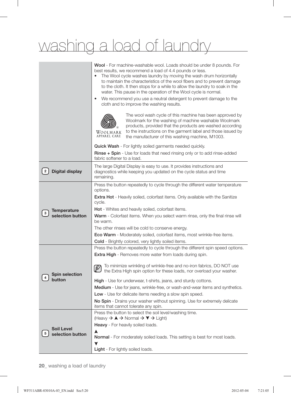 Washing a load of laundry | Samsung WF511ABR-XAA User Manual | Page 20 / 132