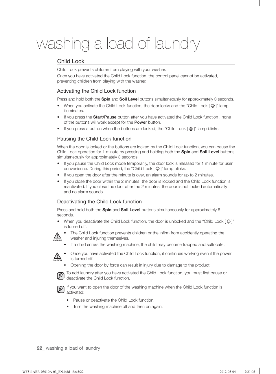 Washing a load of laundry, Child lock | Samsung WF511ABR-XAA User Manual | Page 22 / 132