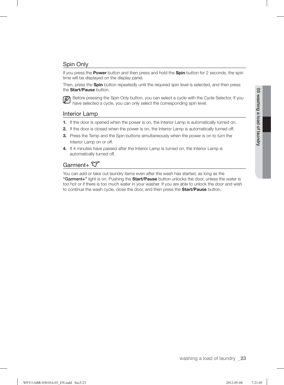 Spin only, Interior lamp, Garment | Samsung WF511ABR-XAA User Manual | Page 23 / 132