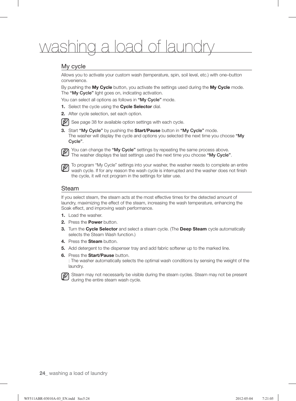 Washing a load of laundry, My cycle, Steam | Samsung WF511ABR-XAA User Manual | Page 24 / 132