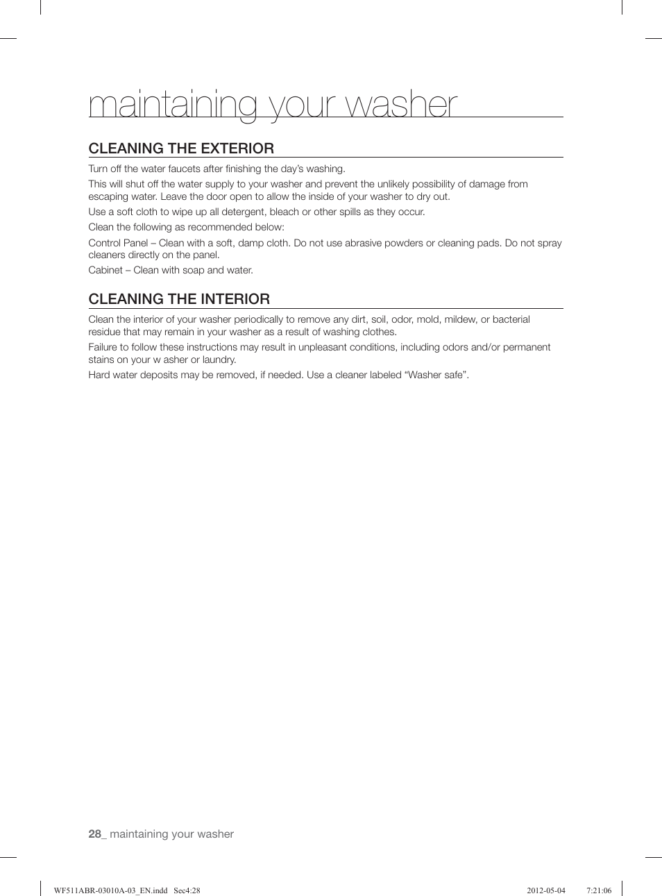 Maintaining your washer, Cleaning the exterior, Cleaning the interior | Samsung WF511ABR-XAA User Manual | Page 28 / 132