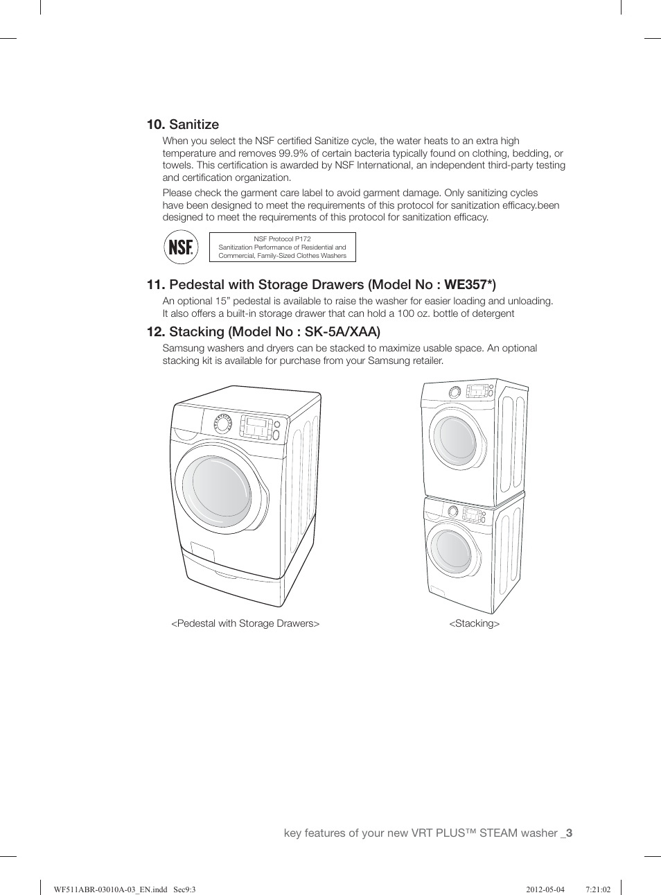 Sanitize, Pedestal with storage drawers (model no : we357*), Stacking (model no : sk-5a/xaa) | Samsung WF511ABR-XAA User Manual | Page 3 / 132