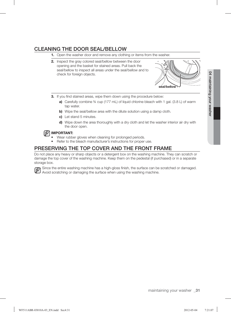 Cleaning the door seal/bellow, Preserving the top cover and the front frame | Samsung WF511ABR-XAA User Manual | Page 31 / 132