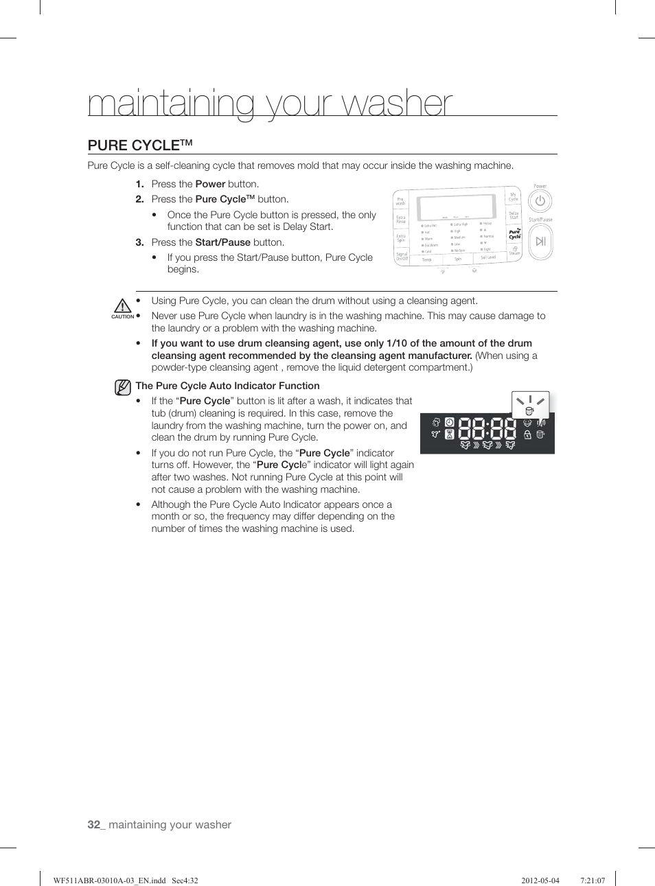 Maintaining your washer, Pure cycle | Samsung WF511ABR-XAA User Manual | Page 32 / 132