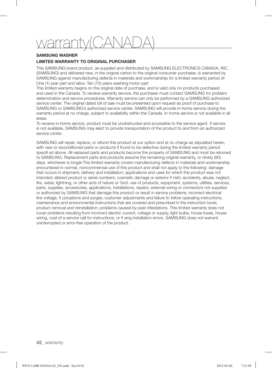 Warranty(canada) | Samsung WF511ABR-XAA User Manual | Page 42 / 132