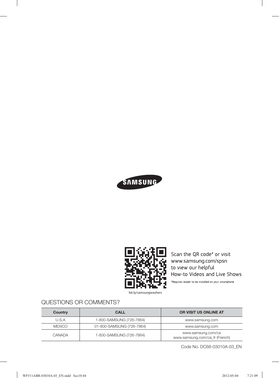 Questions or comments | Samsung WF511ABR-XAA User Manual | Page 44 / 132