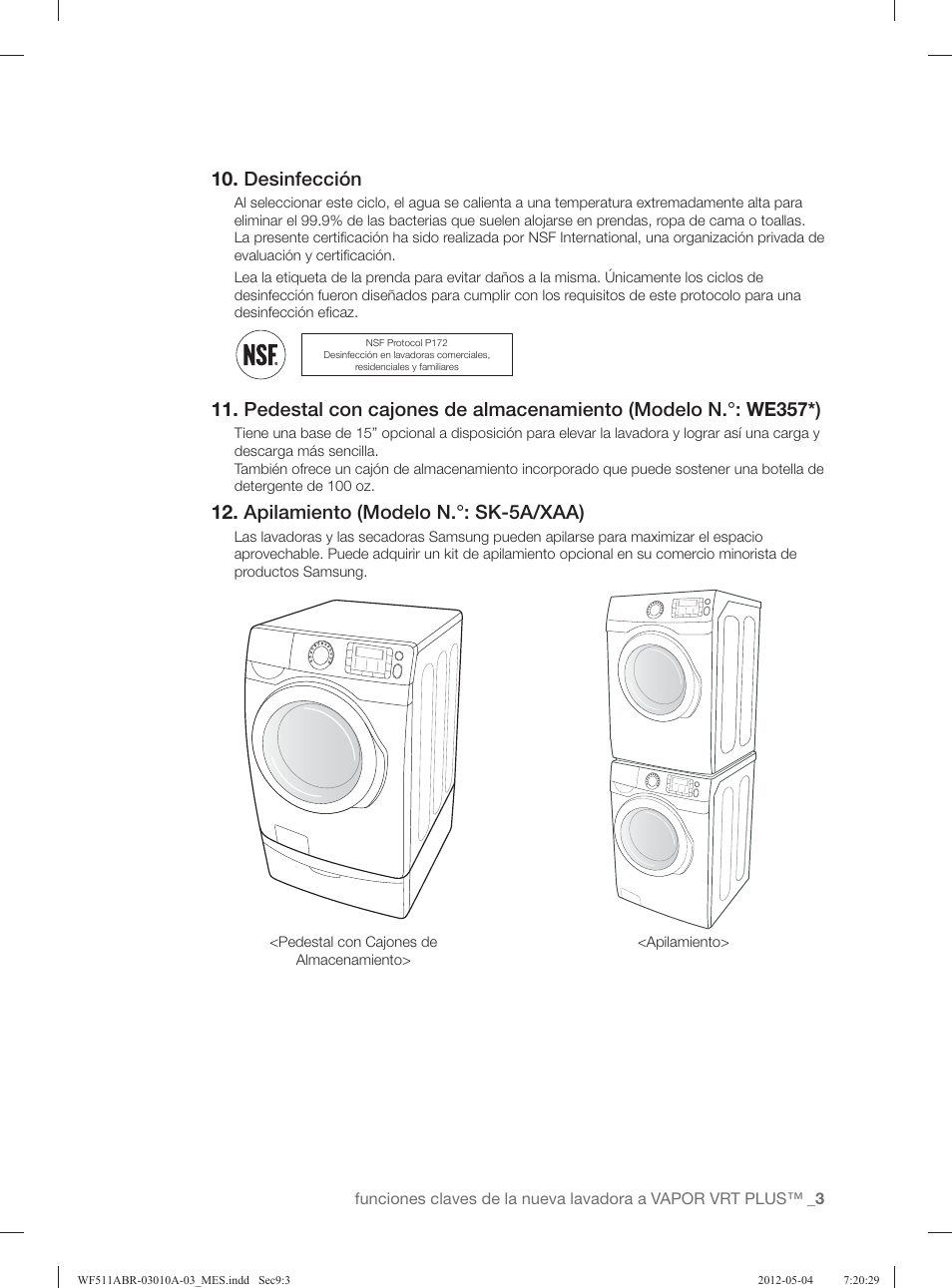 Desinfección, Apilamiento (modelo n.°: sk-5a/xaa) | Samsung WF511ABR-XAA User Manual | Page 47 / 132