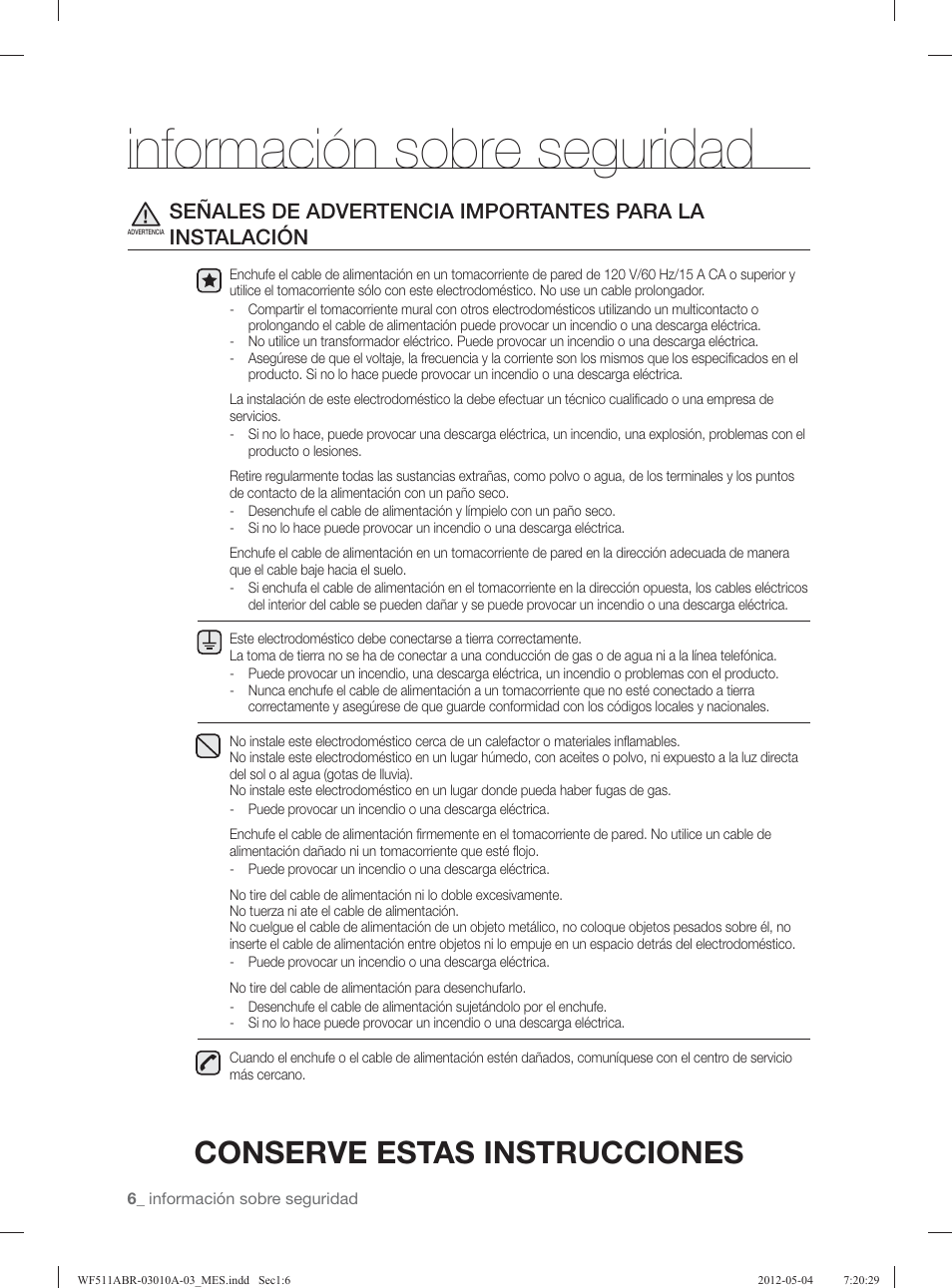 Información sobre seguridad, Conserve estas instrucciones | Samsung WF511ABR-XAA User Manual | Page 50 / 132