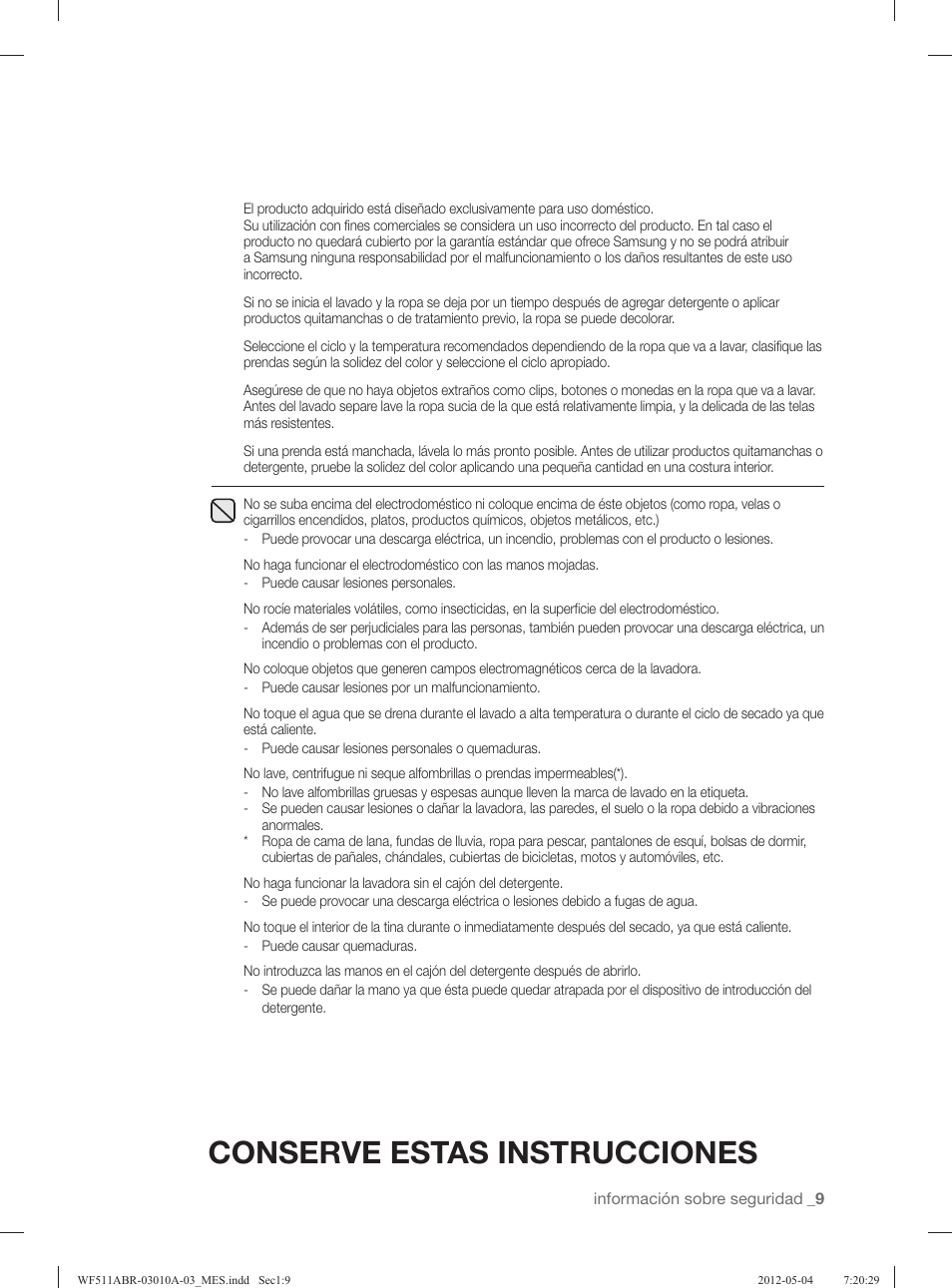 Conserve estas instrucciones | Samsung WF511ABR-XAA User Manual | Page 53 / 132