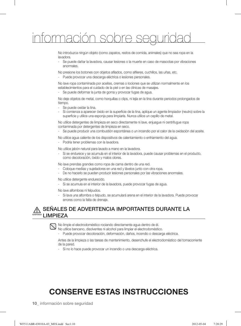 Información sobre seguridad, Conserve estas instrucciones | Samsung WF511ABR-XAA User Manual | Page 54 / 132