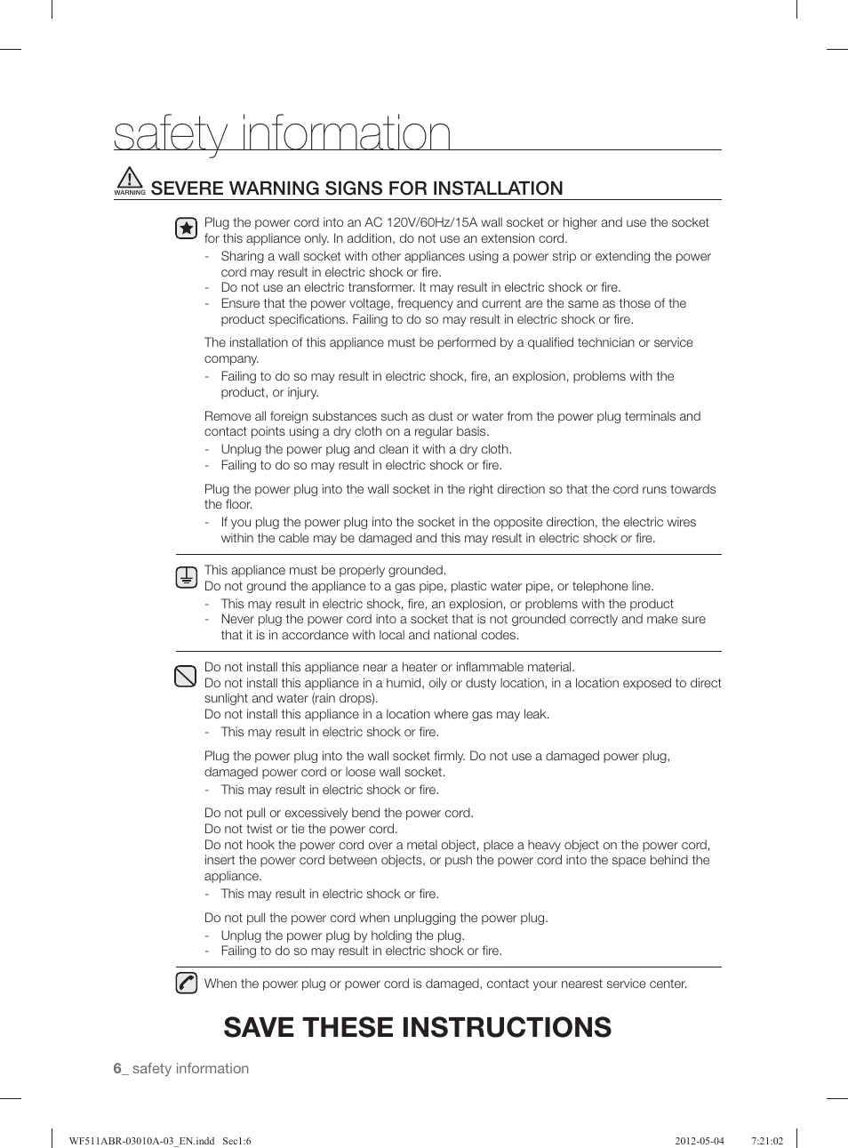 Safety information, Save these instructions, Severe warning signs for installation | Samsung WF511ABR-XAA User Manual | Page 6 / 132