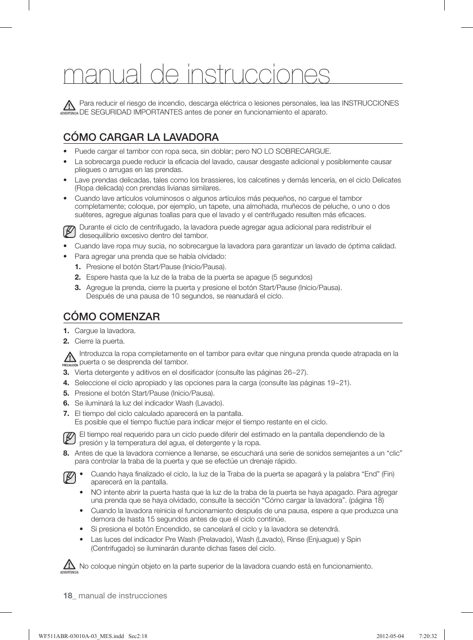 Manual de instrucciones, Cómo cargar la lavadora, Cómo comenzar | Samsung WF511ABR-XAA User Manual | Page 62 / 132