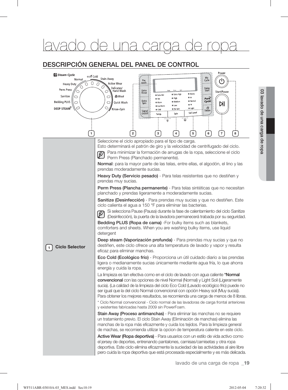 Lavado de una carga de ropa, Descripción general del panel de control | Samsung WF511ABR-XAA User Manual | Page 63 / 132