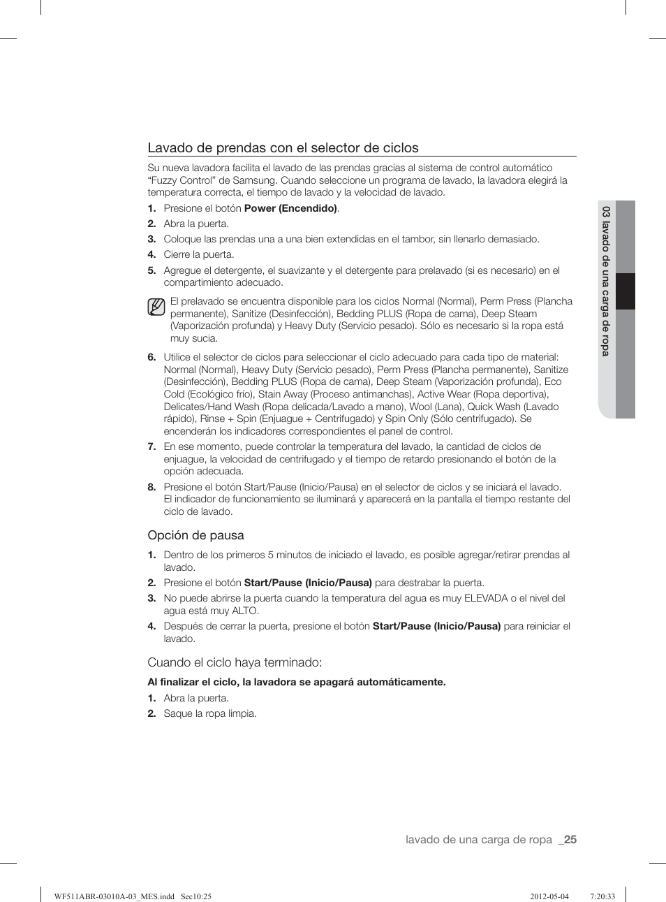 Lavado de prendas con el selector de ciclos | Samsung WF511ABR-XAA User Manual | Page 69 / 132