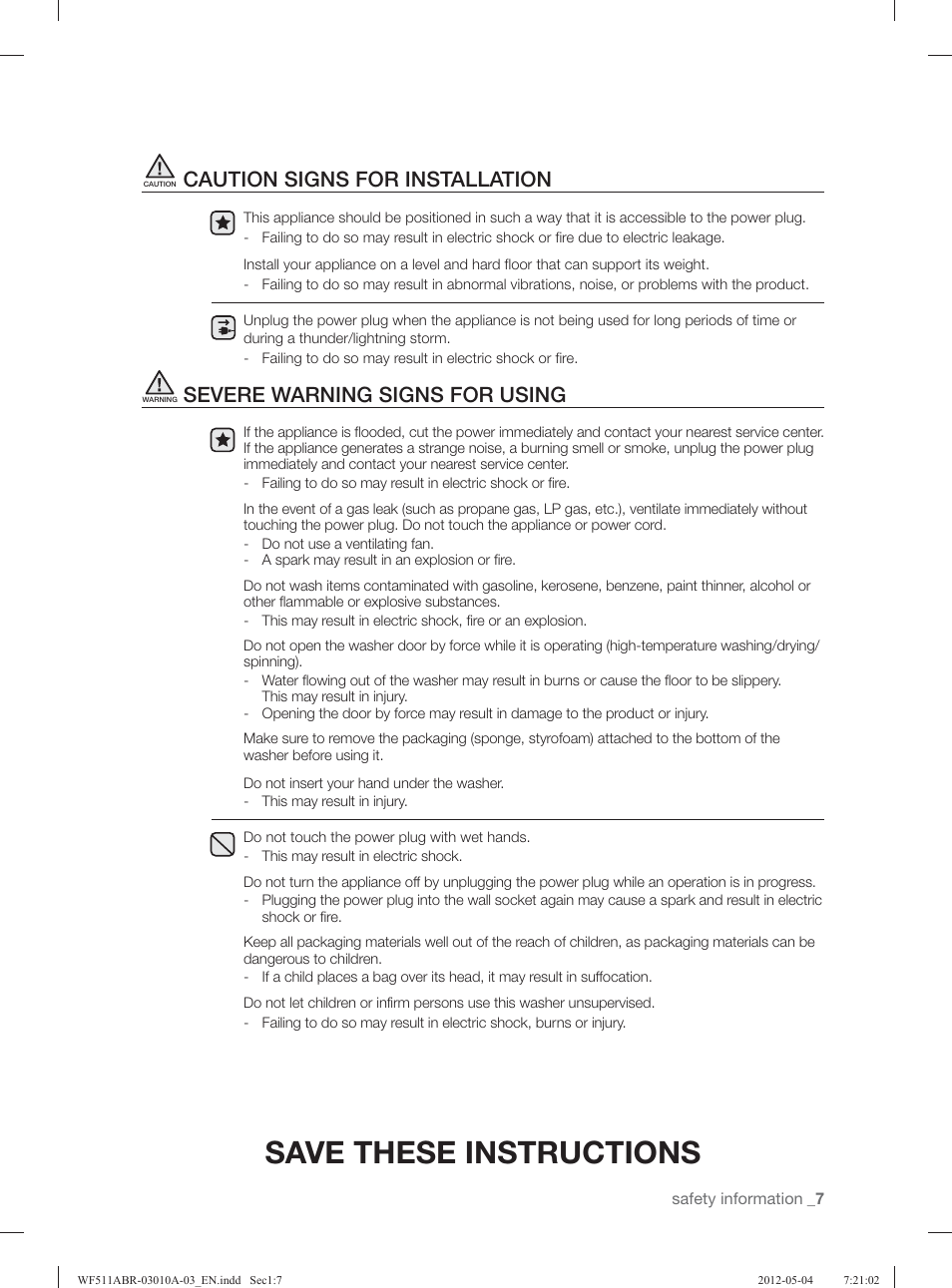 Save these instructions, Caution signs for installation, Severe warning signs for using | Samsung WF511ABR-XAA User Manual | Page 7 / 132