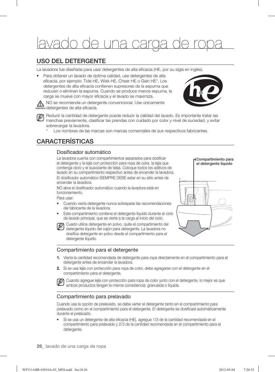 Lavado de una carga de ropa, Uso del detergente, Características | Samsung WF511ABR-XAA User Manual | Page 70 / 132