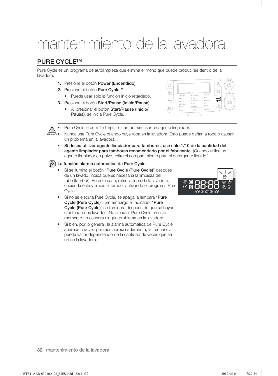 Mantenimiento de la lavadora, Pure cycle | Samsung WF511ABR-XAA User Manual | Page 76 / 132