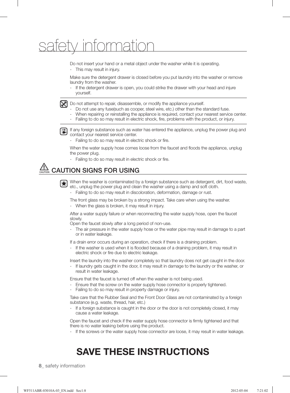 Safety information, Save these instructions, Caution signs for using | Samsung WF511ABR-XAA User Manual | Page 8 / 132