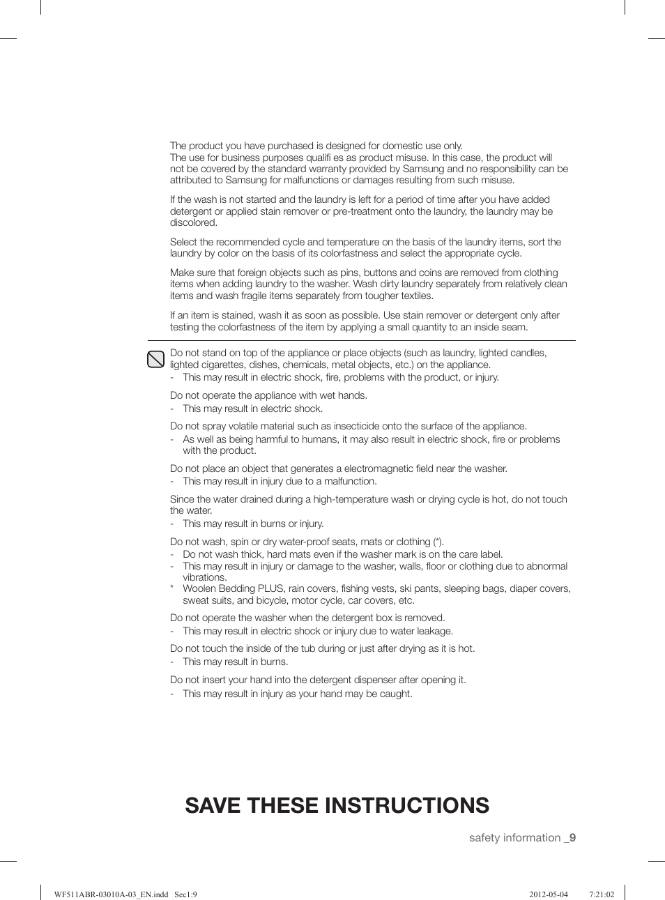 Save these instructions | Samsung WF511ABR-XAA User Manual | Page 9 / 132