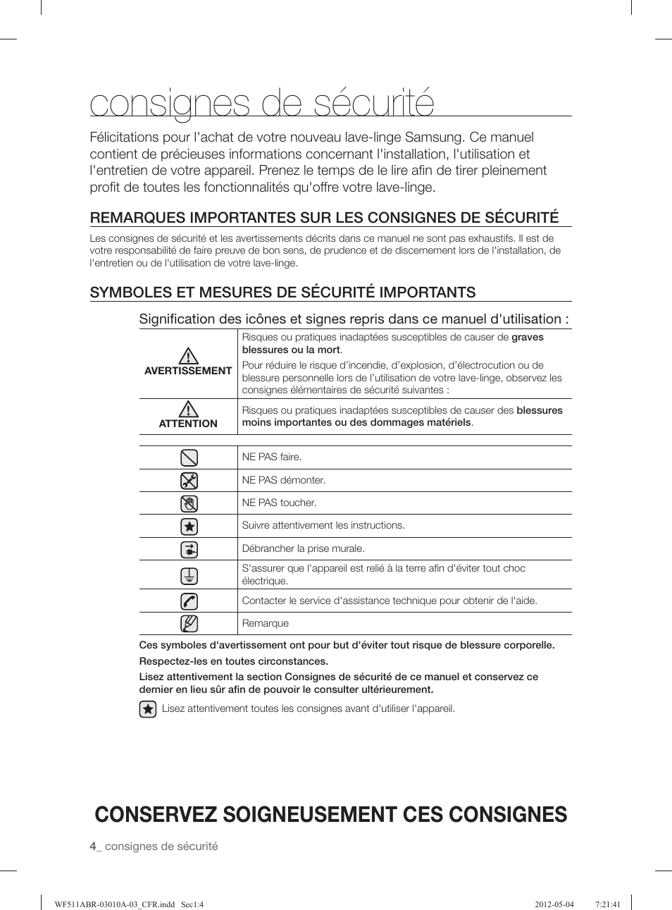 Consignes de sécurité, Conservez soigneusement ces consignes, Symboles et mesures de sécurité importants | Samsung WF511ABR-XAA User Manual | Page 92 / 132