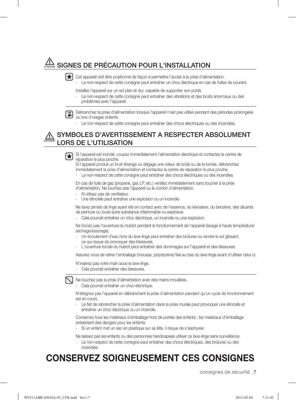 Conservez soigneusement ces consignes, Signes de précaution pour l'installation | Samsung WF511ABR-XAA User Manual | Page 95 / 132