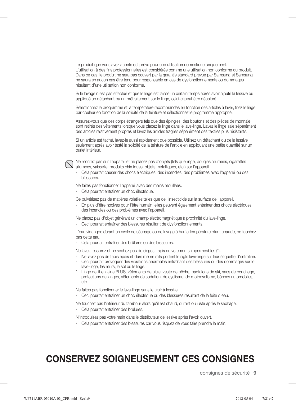 Conservez soigneusement ces consignes | Samsung WF511ABR-XAA User Manual | Page 97 / 132