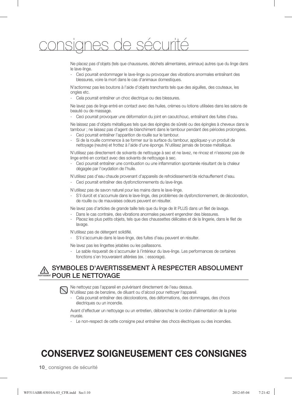 Consignes de sécurité, Conservez soigneusement ces consignes | Samsung WF511ABR-XAA User Manual | Page 98 / 132