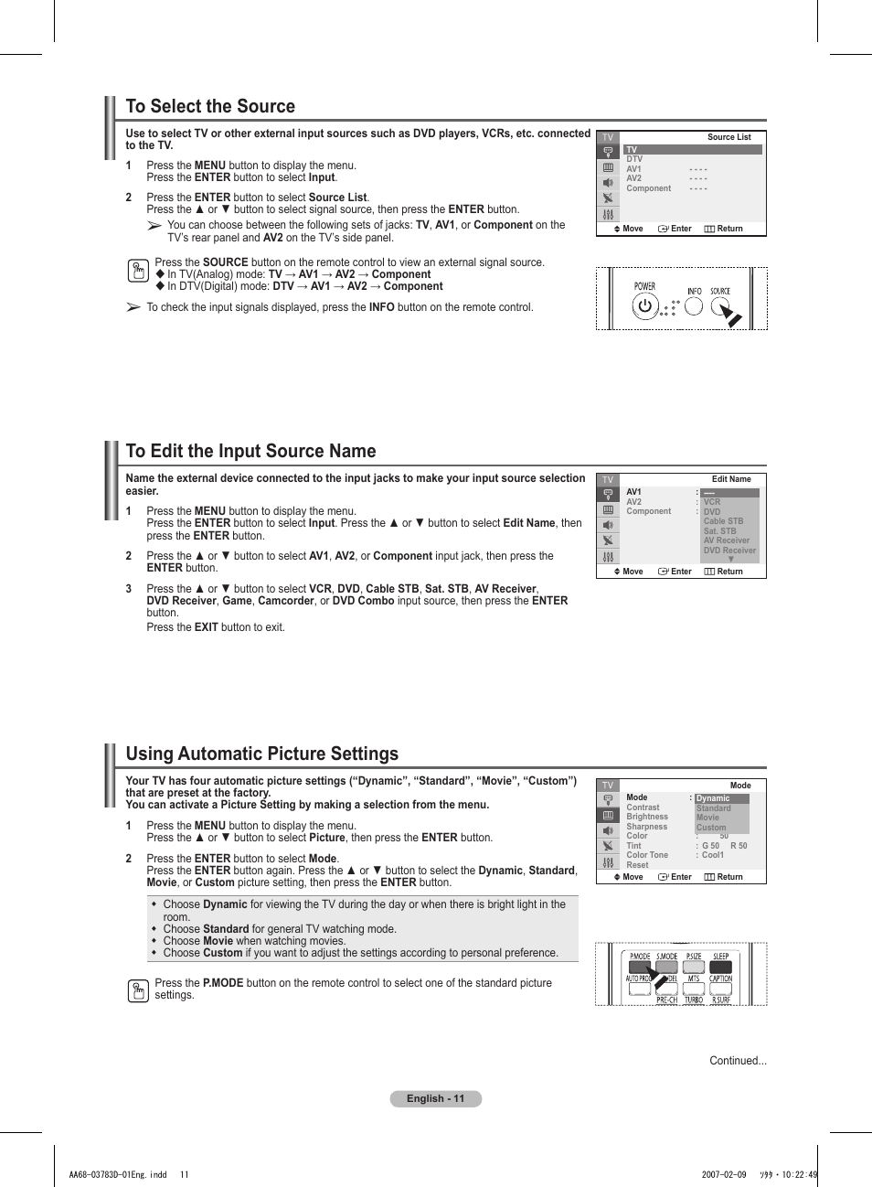 To select the source, To edit the input source name, Using automatic picture settings | Samsung TXT2082X-XAA User Manual | Page 11 / 24
