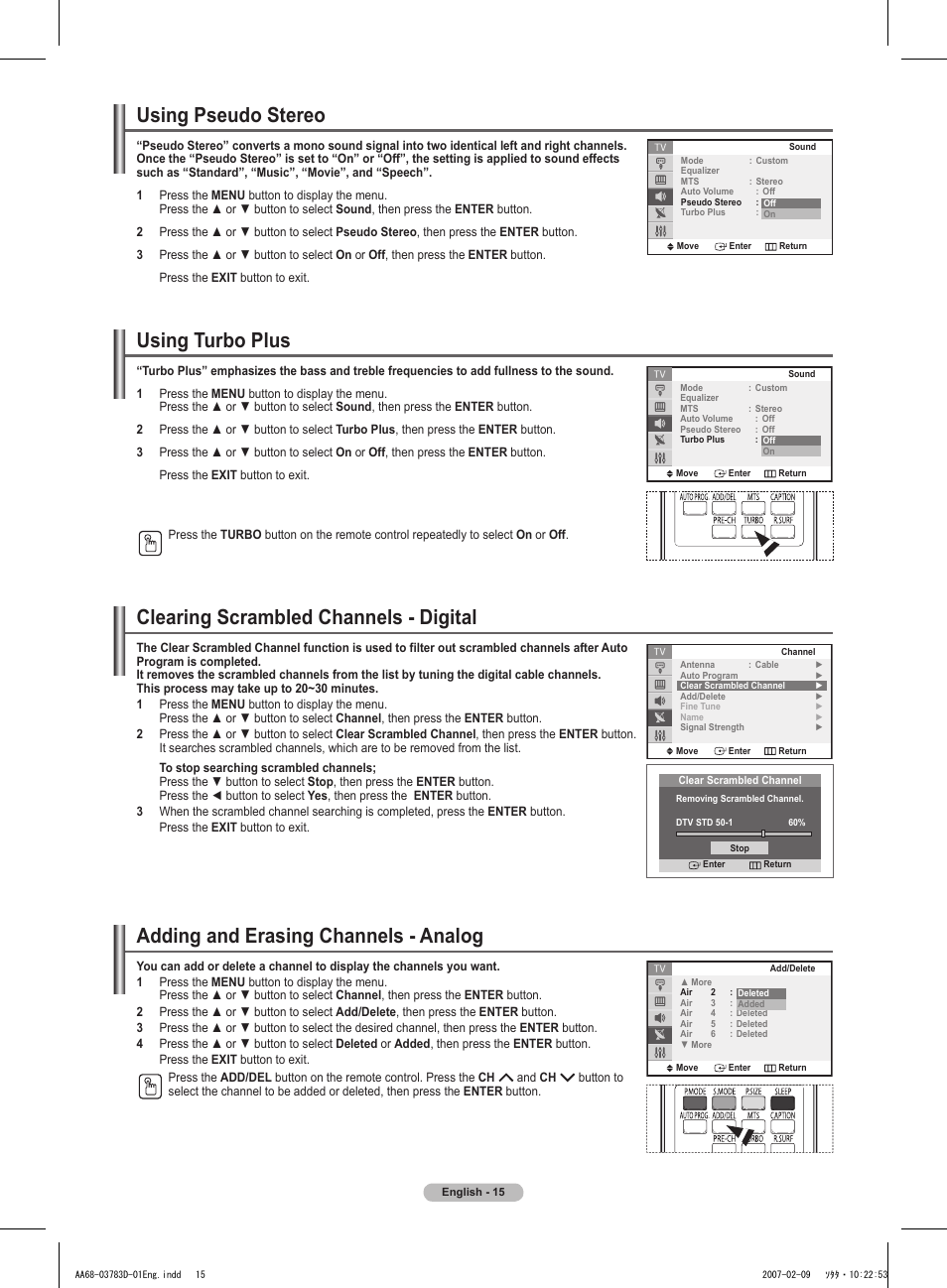 Using pseudo stereo, Using turbo plus, Clearing scrambled channels - digital | Adding and erasing channels - analog | Samsung TXT2082X-XAA User Manual | Page 15 / 24