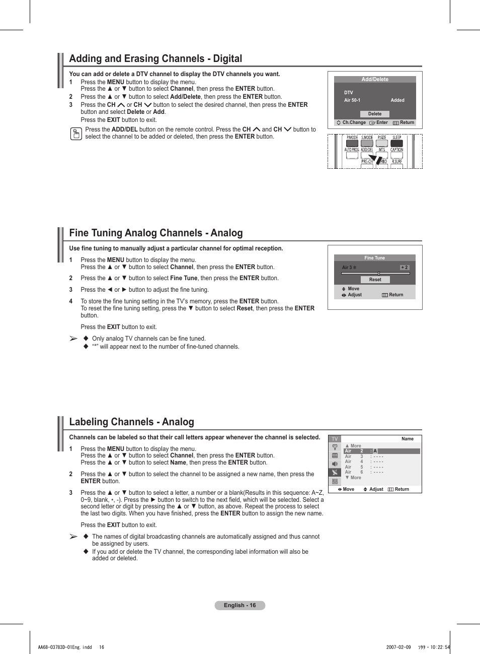 Adding and erasing channels - digital, Fine tuning analog channels - analog, Labeling channels - analog | Samsung TXT2082X-XAA User Manual | Page 16 / 24