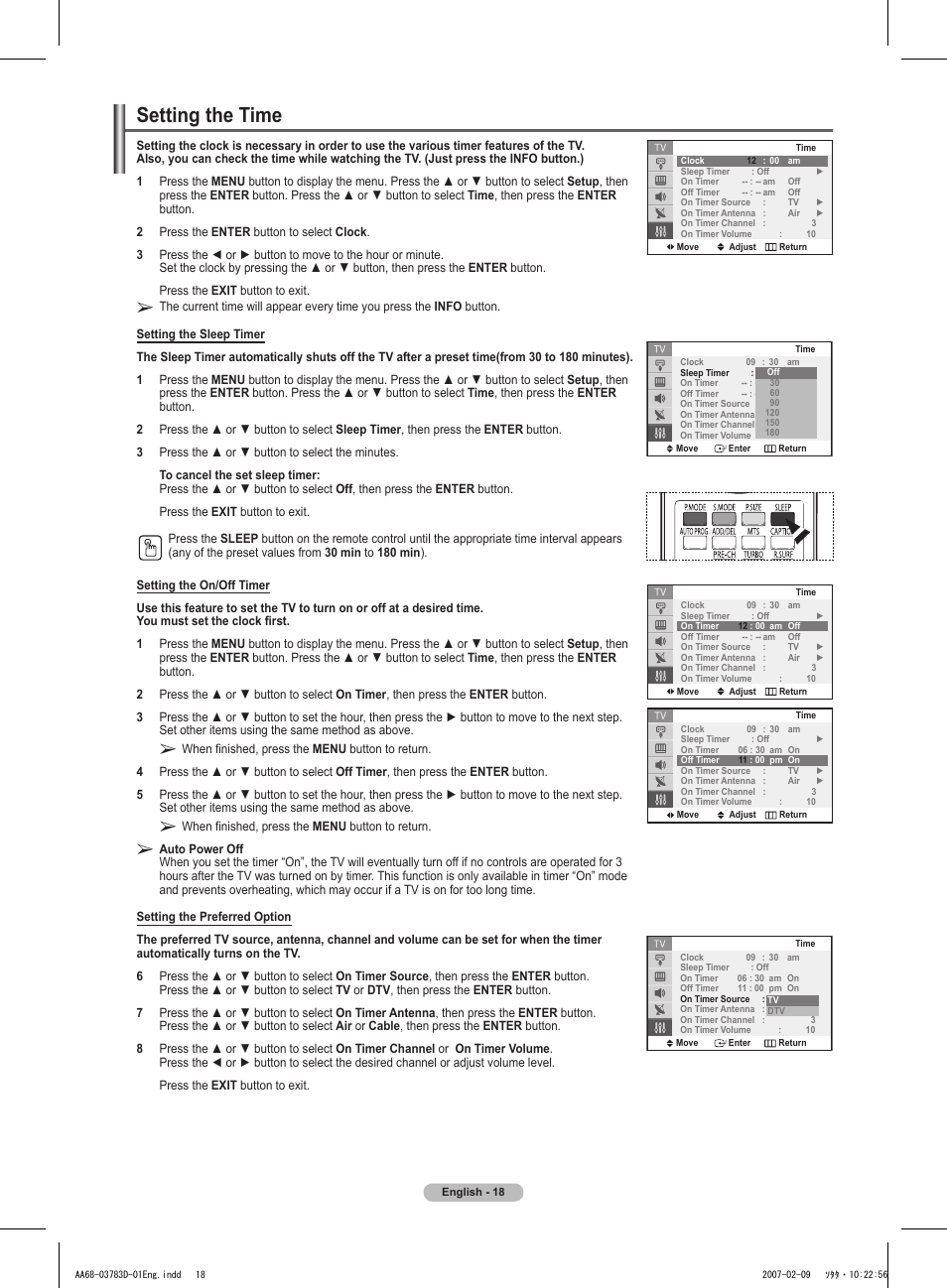 Setting the time, Setting the sleep timer, Setting the on/off timer | Setting the preferred option | Samsung TXT2082X-XAA User Manual | Page 18 / 24