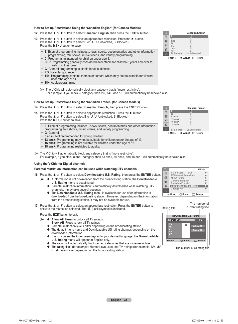 Using the v-chip for digital channels | Samsung TXT2082X-XAA User Manual | Page 22 / 24