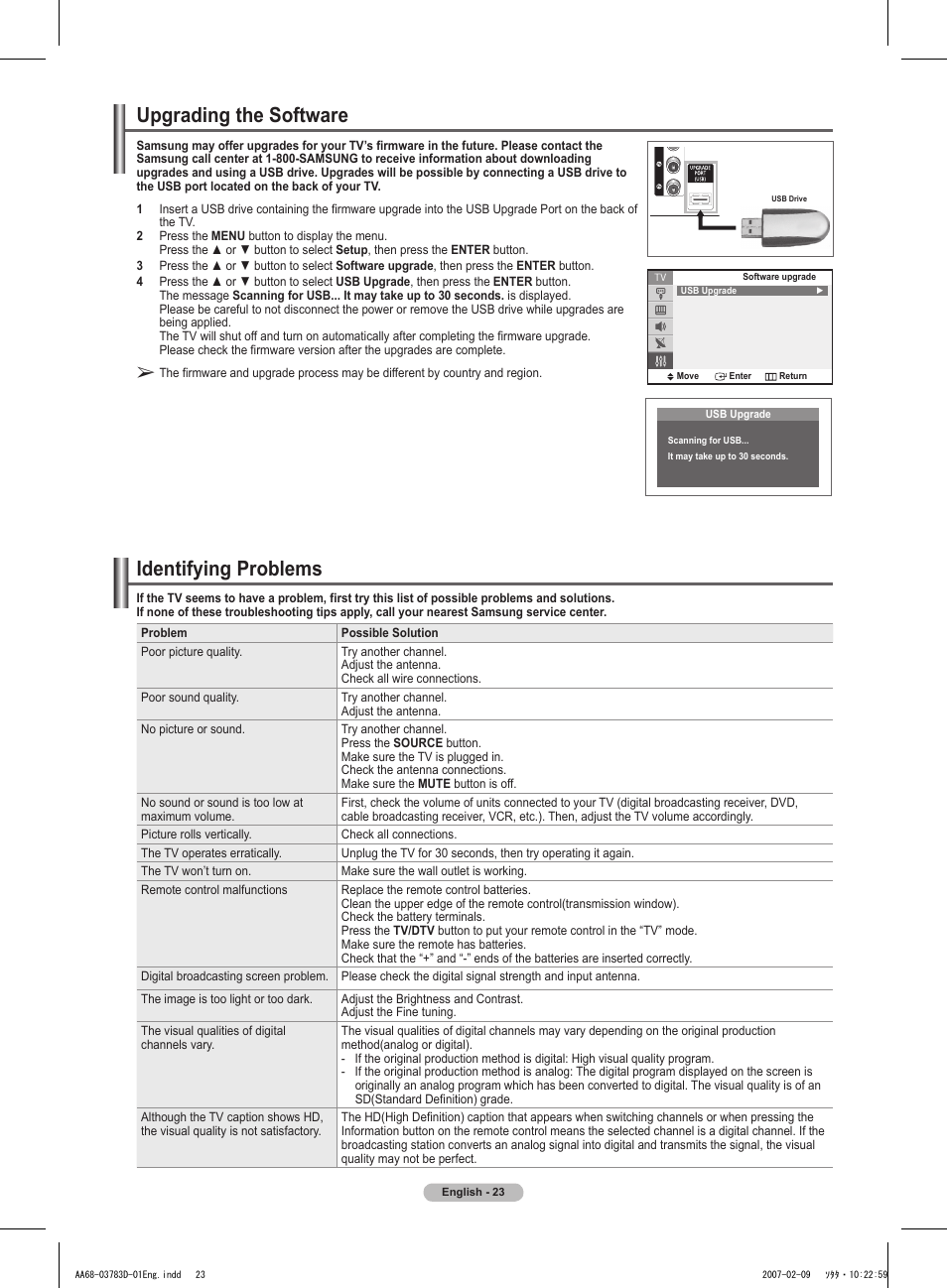 Upgrading the software, Identifying problems | Samsung TXT2082X-XAA User Manual | Page 23 / 24