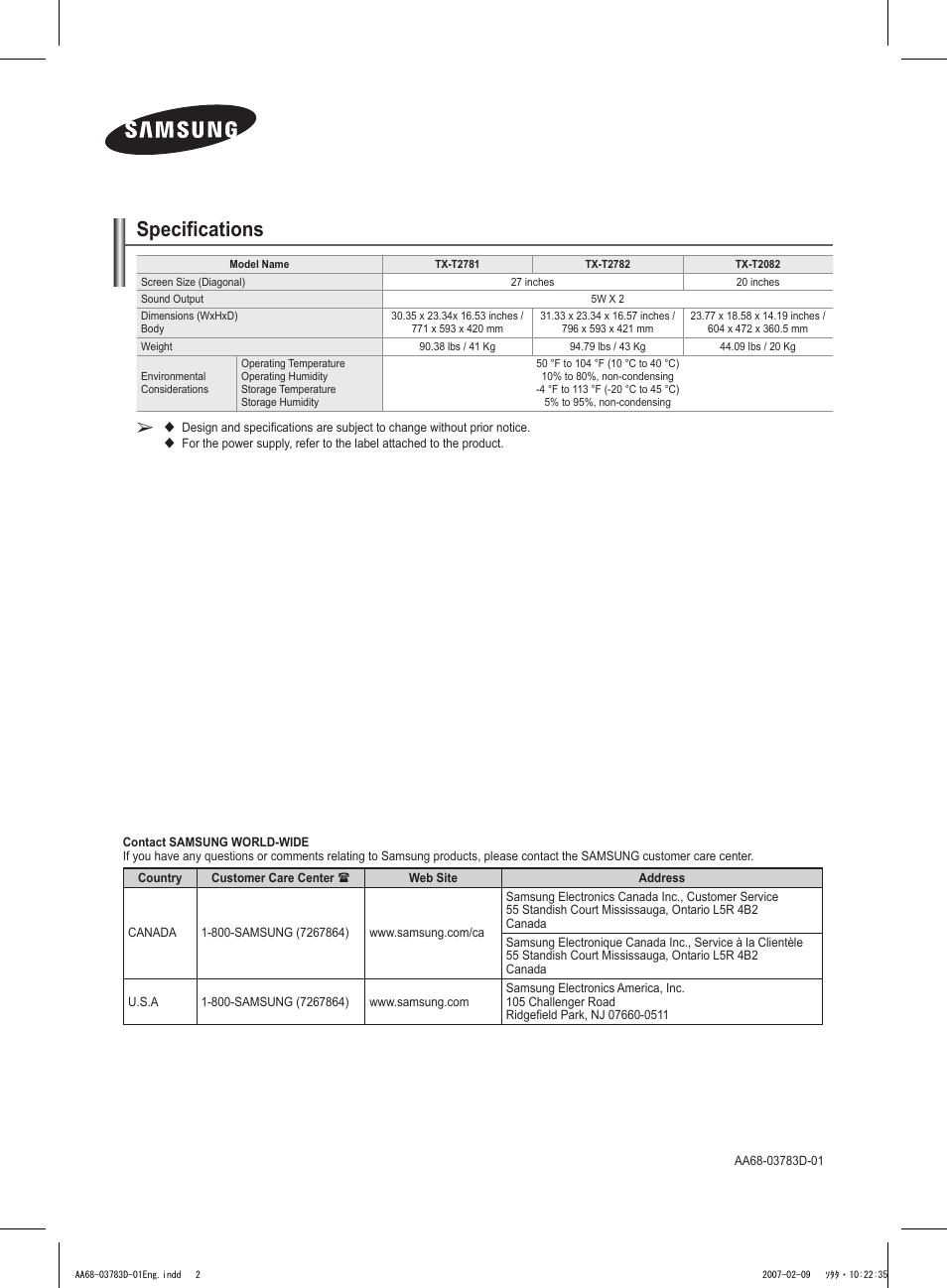 Specifications | Samsung TXT2082X-XAA User Manual | Page 24 / 24