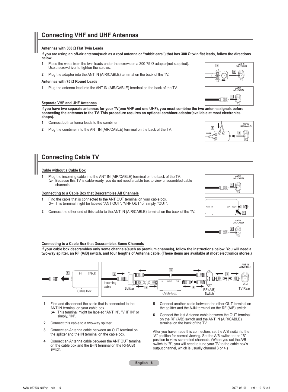 Connecting vhf and uhf antennas, Antennas with 300 ω flat twin leads, Antennas with 75 ω round leads | Separate vhf and uhf antennas, Connecting cable tv, Cable without a cable box | Samsung TXT2082X-XAA User Manual | Page 6 / 24